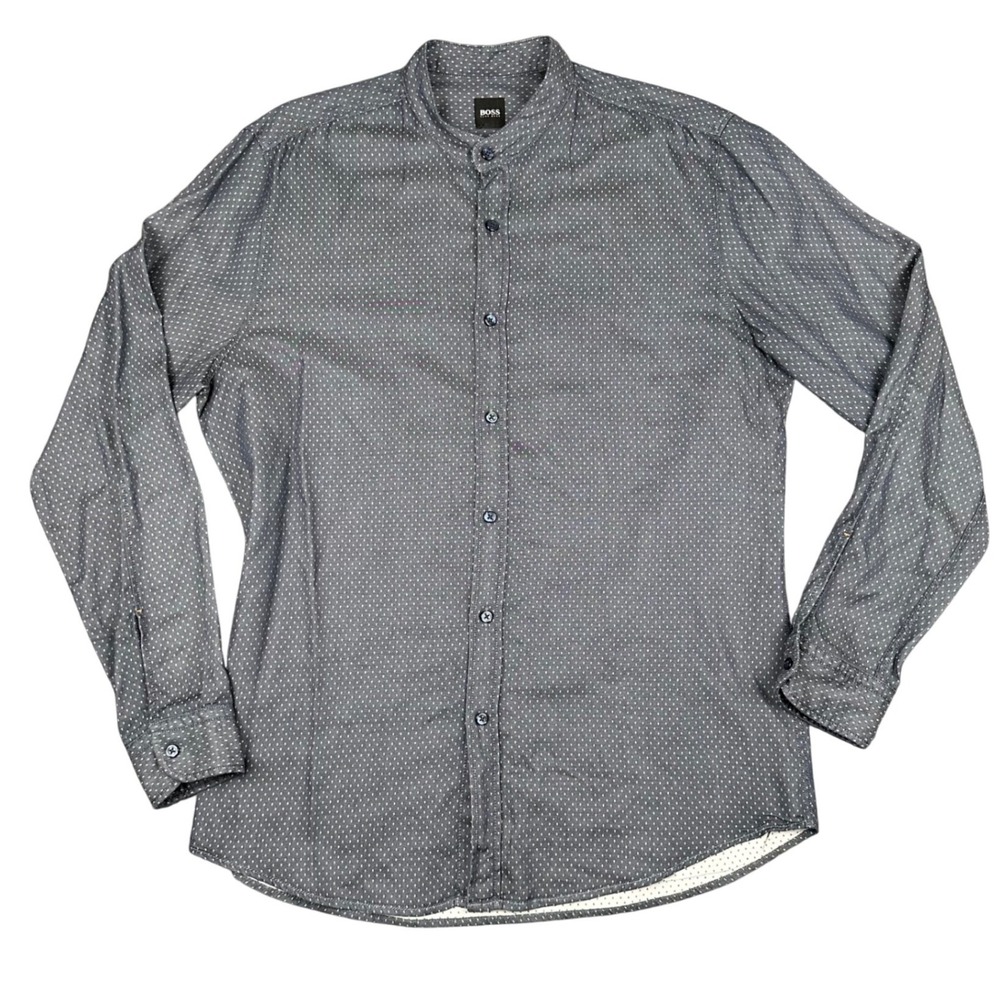 Hugo Boss Dress Shirt Mens Large Regular Fit Band Collar Mock Neck Navy